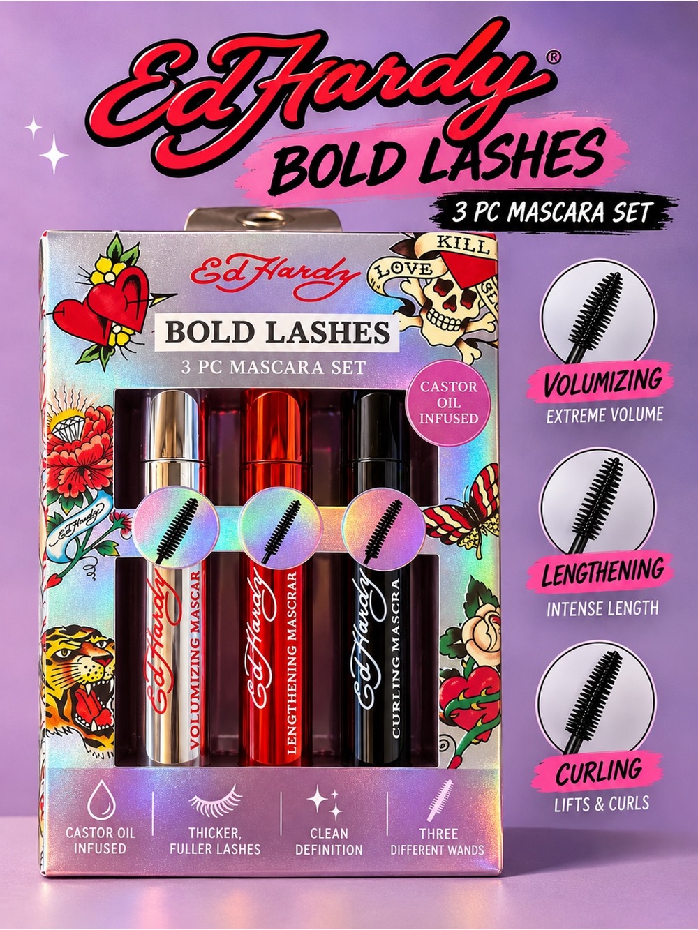 Ed Hardy Bold Lashes 3 Pack Mascara Set Y2K Tattoo Beauty NIB Gift Ready